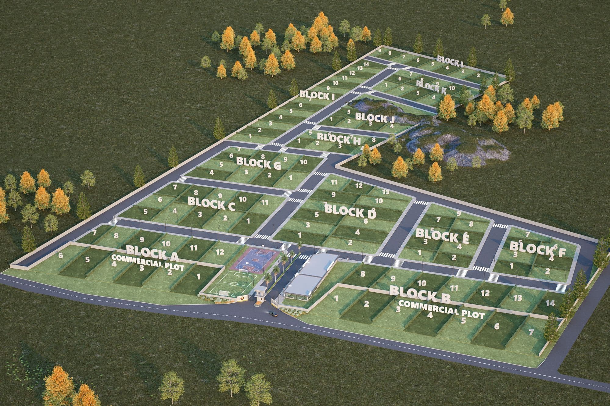 Masterplan render of Orange County Oyo showing numbered blocks and plots