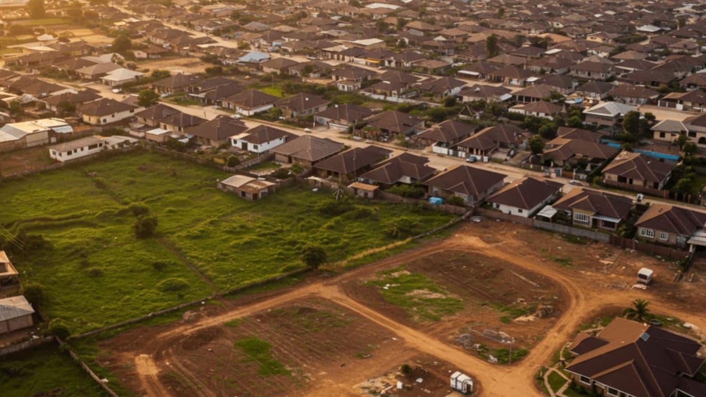 Aerial view of cleared plots beside a developed neighbourhood in Oyo